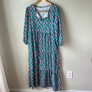NWOT Green with Pink Roses long sleeve Floral Maxi Dress XL